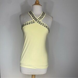 Cache Women's Yellow Beaded Halter Jersey Top Size Small Coastal Tropical Retro